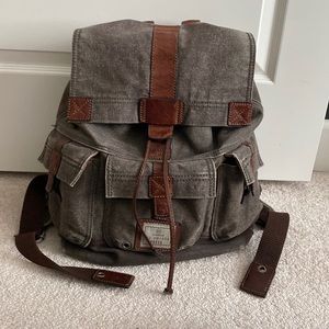 Fossil Olive Green Canvas & Leather Backpack w Dark Orange interior